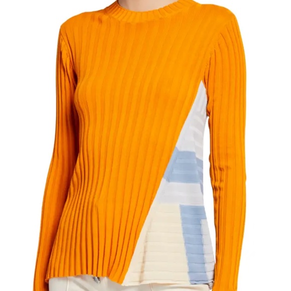 Rosetta Getty Godet Orange Ribbed Sweater w/ Blue/White Paneled Side sz L - Picture 1 of 6